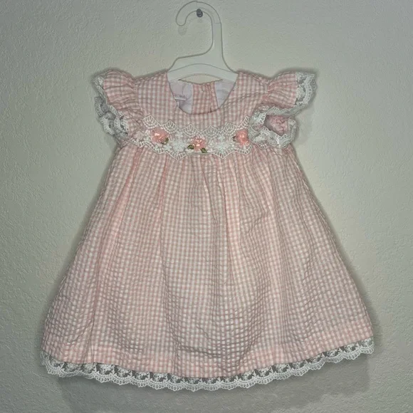 BonnieBaby Spring Pink Gingham Dress with Lace and Flower Detail - Picture 1 of 3